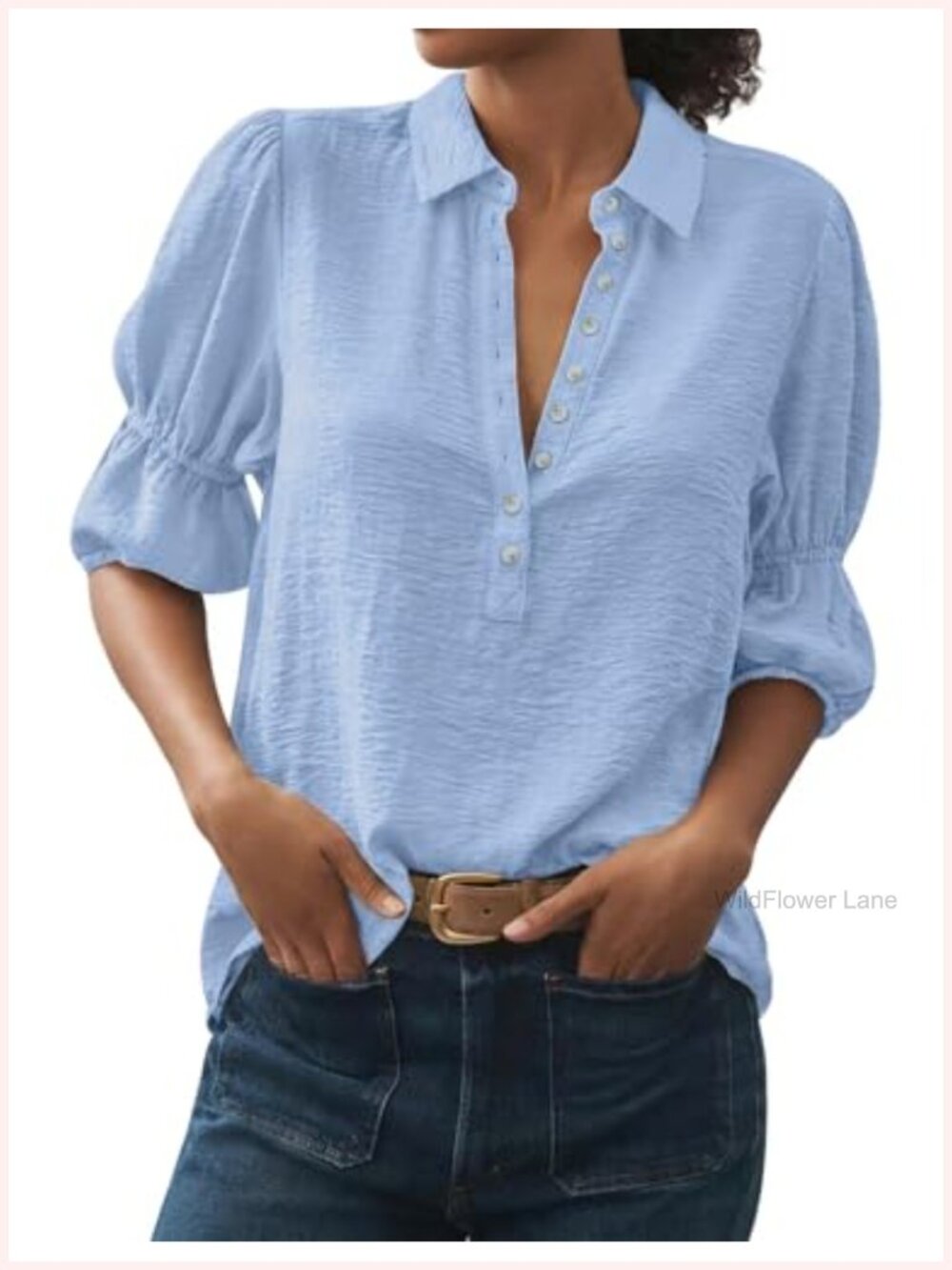 100% Polyester Puff Sleeve Button Down Work Blouse